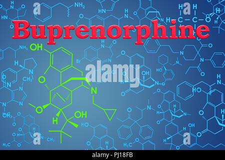 La buprenorfina. Formula chimica, la struttura molecolare. Il rendering 3D Foto Stock