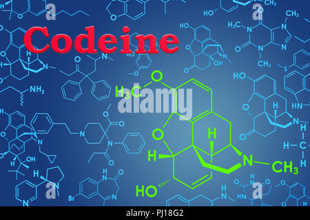 Codeina. Formula chimica, la struttura molecolare. Il rendering 3D Foto Stock