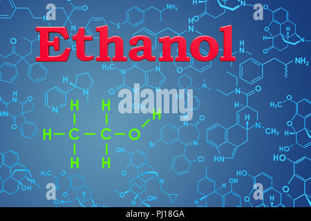 Etanolo. Formula chimica, la struttura molecolare. Il rendering 3D Foto Stock