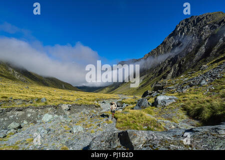 L'uomo escursionismo in alto a Rees Valley, Mt Aspiring National Park, Isola del Sud, Nuova Zelanda Foto Stock