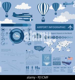 Aeroporto, viaggio aereo Una infografica con elementi di design. Una infografica modello con dati statistici. Illustrazione Vettoriale Illustrazione Vettoriale