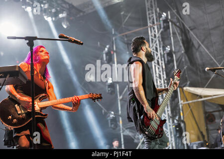 KIEV, UCRAINA - Luglio 04, 2018: American Christian metal rock band la padella e John Cooper, cantante e Korey Cooper chitarra ritmica si esibisce dal vivo a Foto Stock