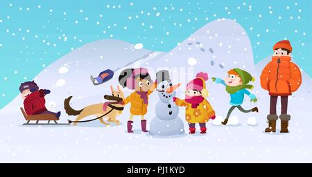 Illustrazione Vettoriale di multirazziale giochi per bambini all'aperto. Ragazze e ragazzi rendendo pupazzo di neve in inverno, bambini che giocano in snowballs, slittino, giocando con il cane. Mentor uomo guarda dopo i bambini. Illustrazione Vettoriale