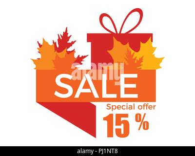 Vendita autunnale, 15% di sconto. Nastro con ingiallito foglie e una confezione regalo. Illustrazione Vettoriale Illustrazione Vettoriale