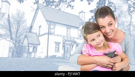 Madre e figlia famiglia davanti casa schizzo di disegno Foto Stock