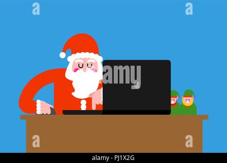 Santa portatile funzionante. Nonno natale e notebook. illustrazione vettoriale Illustrazione Vettoriale