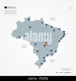 Il Brasile mappa con le frontiere, città capitale e divisioni amministrative. Infografico mappa vettoriale. Livelli modificabili chiaramente etichettati. Illustrazione Vettoriale