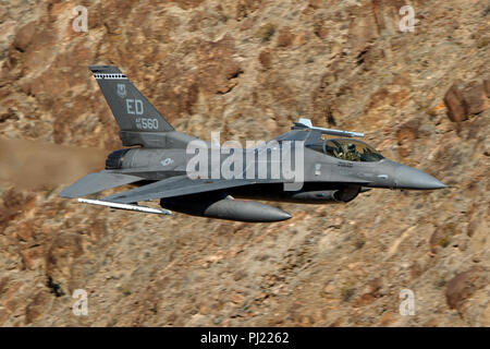 United States Air Force General Dynamics F-16C Fighting Falcon blocco 30B (85-1560) vola basso livello sulla transizione Jedi attraverso Star Wars Canyon / Rainbow Canyon, il Parco Nazionale della Valle della Morte, Panamint Springs, California, Stati Uniti d'America Foto Stock