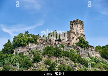 Il castello di Gutenfels (Burg Gutenfels), noto anche come Castello Caub, 110m sopra la città di Kaub nella Renania-Palatinato, Germania, costruita nel 1220 Foto Stock