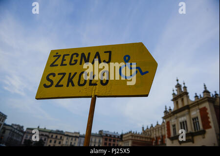 Cracovia in Polonia. 3 Sep, 2018. Un banner dicendo ''addio school'' durante una manifestazione di protesta con un appello per una vita dignitosa e i diritti delle persone disabili da parte dei genitori di disabilitare le persone nella piazza principale. Credito: Omar Marques/SOPA Immagini/ZUMA filo/Alamy Live News Foto Stock