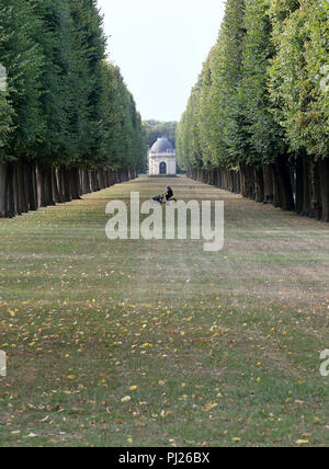 03.09.2018, Bassa Sassonia, Hannover: un giardiniere attraversa un 100-anno-vecchio viale dei Tigli contro lo sfondo di un tempio, costruito nel 1705 dall'architetto francese Remy de la Fosse, nel grande giardino in Herrenhausen. Foto: Holger Hollemann/dpa Foto Stock