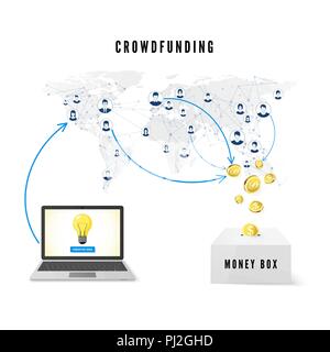 Concetto crowdfunding. La gente dalla rete globale di donare denaro per l'Idea di business e favorire lo sviluppo di progetto. illustrazione vettoriale Illustrazione Vettoriale