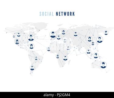 Sociale Globale di connessione di rete sulla mappa del mondo sullo sfondo. Avatar utente collegato alla rete mondiale. Concetto di Internet. Illustrazione Vettoriale Illustrazione Vettoriale