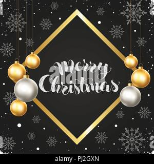 Tanti auguri Greeting card modello in oro e argento colori. Inverno moderno lettering con palle di Natale in cornice quadrata sulla lavagna. Merr Illustrazione Vettoriale
