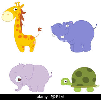 Illustrazione Set di simpatici animali: giraffe, ippopotami, elefante e la tartaruga Foto Stock