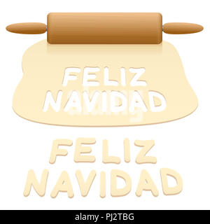 Merry Christmas cookies ritagliata dalla pasta dicendo Feliz Navidad in lingua spagnola. Foto Stock