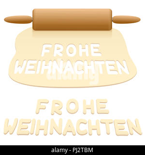 Merry Christmas cookies ritagliata dalla pasta dicendo FROHE WEIHNACHTEN in lingua tedesca. Foto Stock