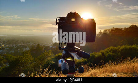 Berkeley, Stati Uniti - Luglio 12, 2018: Canon 5D Mark IV impostato su un treppiede Manfrotto a Grizzly picco in Berkeley Hills rivolti a San Francisco cov Foto Stock