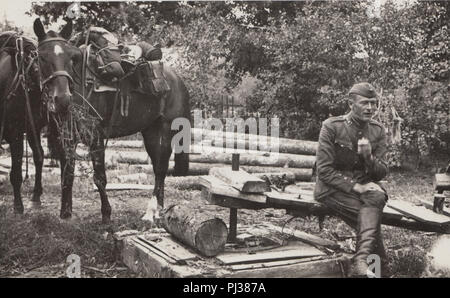 Vintage fotografia di un soldato tedesco rilassante accanto ad alcuni cavalli Foto Stock