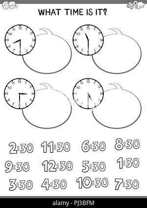 Bianco e Nero Cartoon illustrazioni di predire il tempo della cartella di lavoro educativo con Orologio per bambini Illustrazione Vettoriale