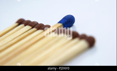 Corrispondenze di colore marrone con uno blu corrisponde al centro su sfondo bianco Foto Stock