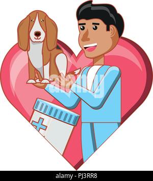 Cuore con vet medico tenendo un simpatico cane su sfondo bianco, illustrazione vettoriale Illustrazione Vettoriale