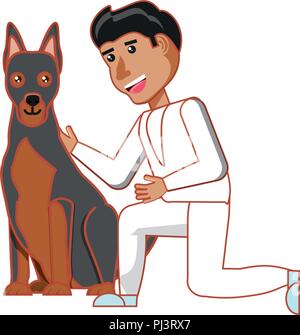 Cartoon uomo accarezzare un simpatico cane su sfondo bianco, illustrazione vettoriale Illustrazione Vettoriale