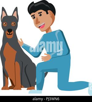 Cartoon uomo accarezzare un simpatico cane su sfondo bianco, illustrazione vettoriale Illustrazione Vettoriale