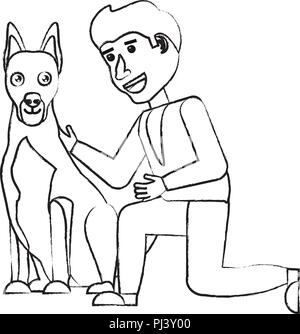 Cartoon uomo accarezzare un simpatico cane su sfondo bianco, illustrazione vettoriale Illustrazione Vettoriale