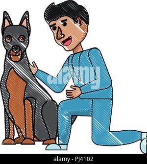 Cartoon uomo accarezzare un simpatico cane su sfondo bianco, illustrazione vettoriale Illustrazione Vettoriale