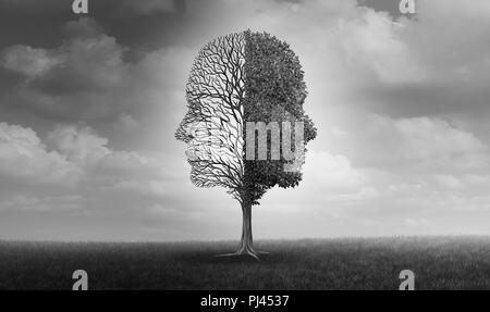 Disturbo emotivo e emozione umana o umore problema come un albero a forma di due volti umani con una mezza vuota rami e il lato opposto pieno. Foto Stock