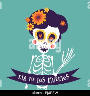 Il dia de los Muertos bigliettino, invito. Mexican giorno dei morti. Lo scheletro di donna con fiori e nastro banner. Cranio ornamentali. Disegnata a mano illustrazione vettoriale, sfondo. Illustrazione Vettoriale