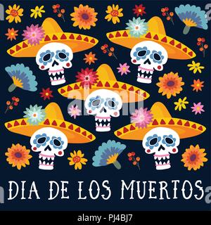 Il dia de los Muertos bigliettino, invito. Mexican giorno dei morti. Teschi decorativi con sombrero hat, mamme, calendula fiori e frutti di bosco. Disegnato a mano sullo sfondo del vettore. Modello di Halloween. Illustrazione Vettoriale