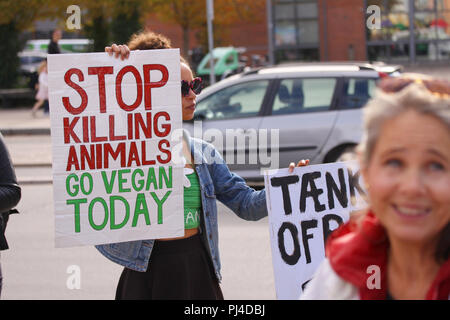 Copenhagen, Danimarca - 1 Settembre 2018: Vegan donna di razza mista che protestavano contro la crudeltà verso gli animali e mangiare la carne con il cartello che diceva smettere di uccidere Foto Stock