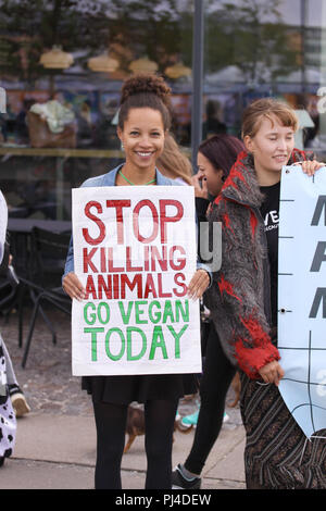 Copenhagen, Danimarca - 1 Settembre 2018: Vegan donna di razza mista che protestavano contro la crudeltà verso gli animali e mangiare la carne con il cartello che diceva smettere di uccidere Foto Stock