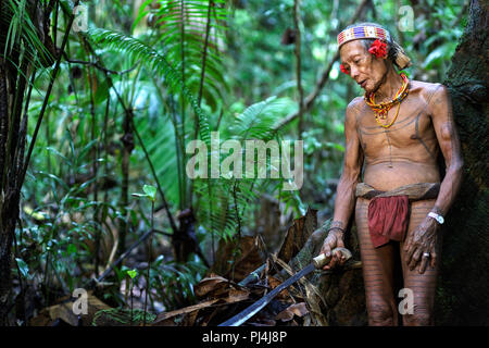 Vecchio sciamano della tribù Mentawai coperto con tatoo in piedi in un vecchio albero nella giungla con una spada in mano, Siberut, Sumatra, Indonesia Foto Stock