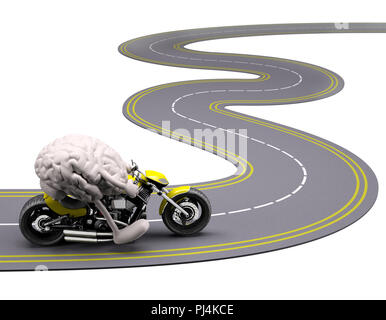 Cervello con braccia e gambe in moto sulla strada, 3d illustrazione Foto Stock