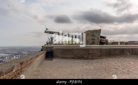 Gabbiano seduta sul muso della pistola nel castello di Montjuic contro il cielo nuvoloso. Castello di Montjuic è una vecchia fortezza militare, costruito sulla sommità di Montjuic Foto Stock