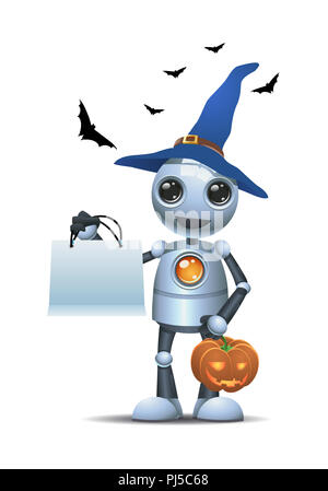 Illustrazione di un felice droid piccolo robot nel trasporto di halloween zucca intagliata sulla isolato sfondo bianco Foto Stock