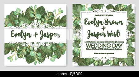 Serie di illustrazioni vettoriali di graziosi vintage lacy cornici con estate foglie e ramoscelli e foglie di eucalipto. Per un invito a nozze, saluto auto Illustrazione Vettoriale