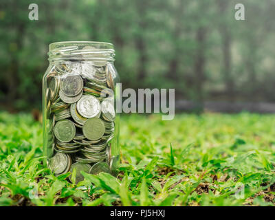 Le monete in un barattolo di vetro su erba verde dello sfondo con copia spazio. Risparmio di denaro concetto. Foto Stock
