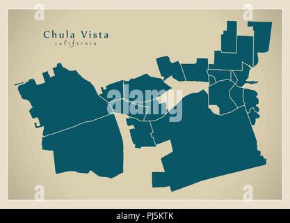 Città moderna mappa - Chula Vista California città degli Stati Uniti con i quartieri Illustrazione Vettoriale