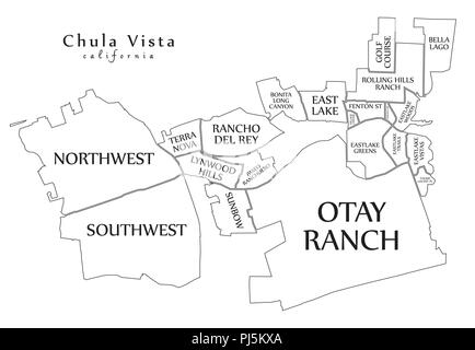 Città moderna mappa - Chula Vista California città degli Stati Uniti con i quartieri e i titoli mappa di contorno Illustrazione Vettoriale