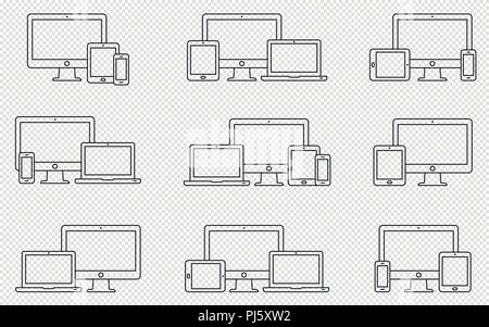 Set di vettore di delineare le icone del dispositivo. Monitor, laptop, tablet pc e smartphone Illustrazione Vettoriale