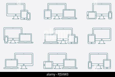 Set di vettore di delineare le icone del dispositivo. Reattivo di dispositivi digitali icone. Illustrazione Vettoriale