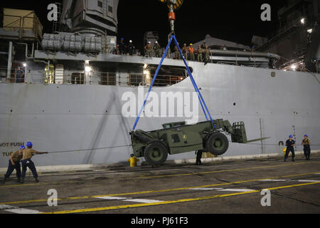 Stati Uniti I marinai della marina militare assegnato al Whidbey Island-classe dock anfibio sbarco nave USS Gunston Hall (LSD 44), assistere con gru durante le operazioni di una apparecchiatura offload in Santa Marta, Colombia, e il agosto 25. 2018 durante il Sud Stazione di partenariato 2018. A sud della stazione di partenariato è un U.S. Comando sud-sponsorizzato e U.S. Forze Navali Comando meridionale/STATI UNITI 4a flotta-condotto di distribuzione annuale incentrato su un esperto in materia di scambi e di costruire la capacità del partner in una varietà di discipline come la medicina, la costruzione e le operazioni di immersione nei Caraibi e America Centrale e America del Sud. (U Foto Stock