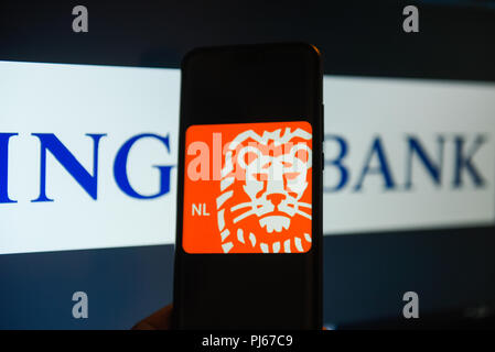 Cracovia in Polonia. 4 Sep, 2018. ING Bank logo è visibile su un telefono cellulare Android. Banca ING oggi comminato con 900 milioni di dollari per denaro servizio lavanderia. Credito: Omar Marques/SOPA Immagini/ZUMA filo/Alamy Live News Foto Stock