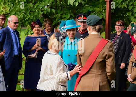 Il castello di Hillbrough, Irlanda del Nord. Il 4 settembre 2018. Sua Altezza Reale la Principessa Anna ha partecipato il Segretario di Stato per l Irlanda del Nord del giardino annuale festa al castello di Hillsborough, Princess Anne ha incontrato e parlato con i visitatori durante un aborigeno nei giardini. Hillsborough: Co Down: Regno Unito: 4° settembre 2018 Credit: Mark inverno/Alamy Live News Foto Stock