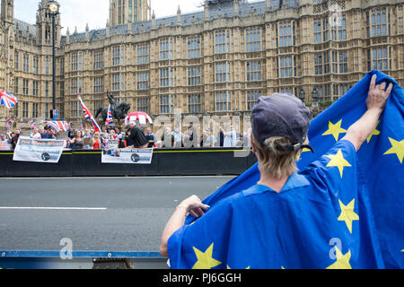 Londra, Regno Unito. 5 Settembre, 2018. Pro-Brexit attivisti provenienti da Regno Unito Unity e pro-UE attivisti da Stand di Defiance Movimento europeo (SODEM) protestare fuori del parlamento di Westminster. Credito: Mark Kerrison/Alamy Live News Foto Stock
