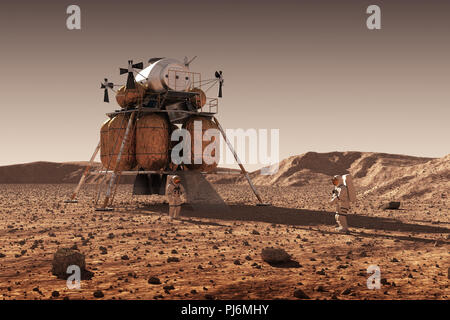 Modulo di discesa dello Spazio Interplanetario Stazione e astronauti sulla superficie del pianeta Marte. 3D'illustrazione. Foto Stock